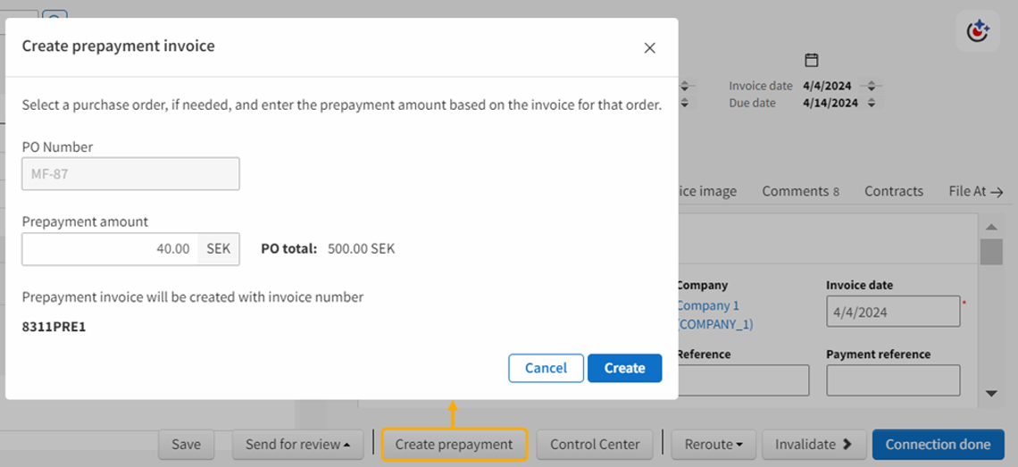 Create prepayment invoice screen