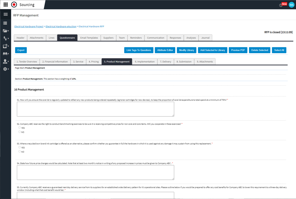 Sourcing - Questionnaire screen