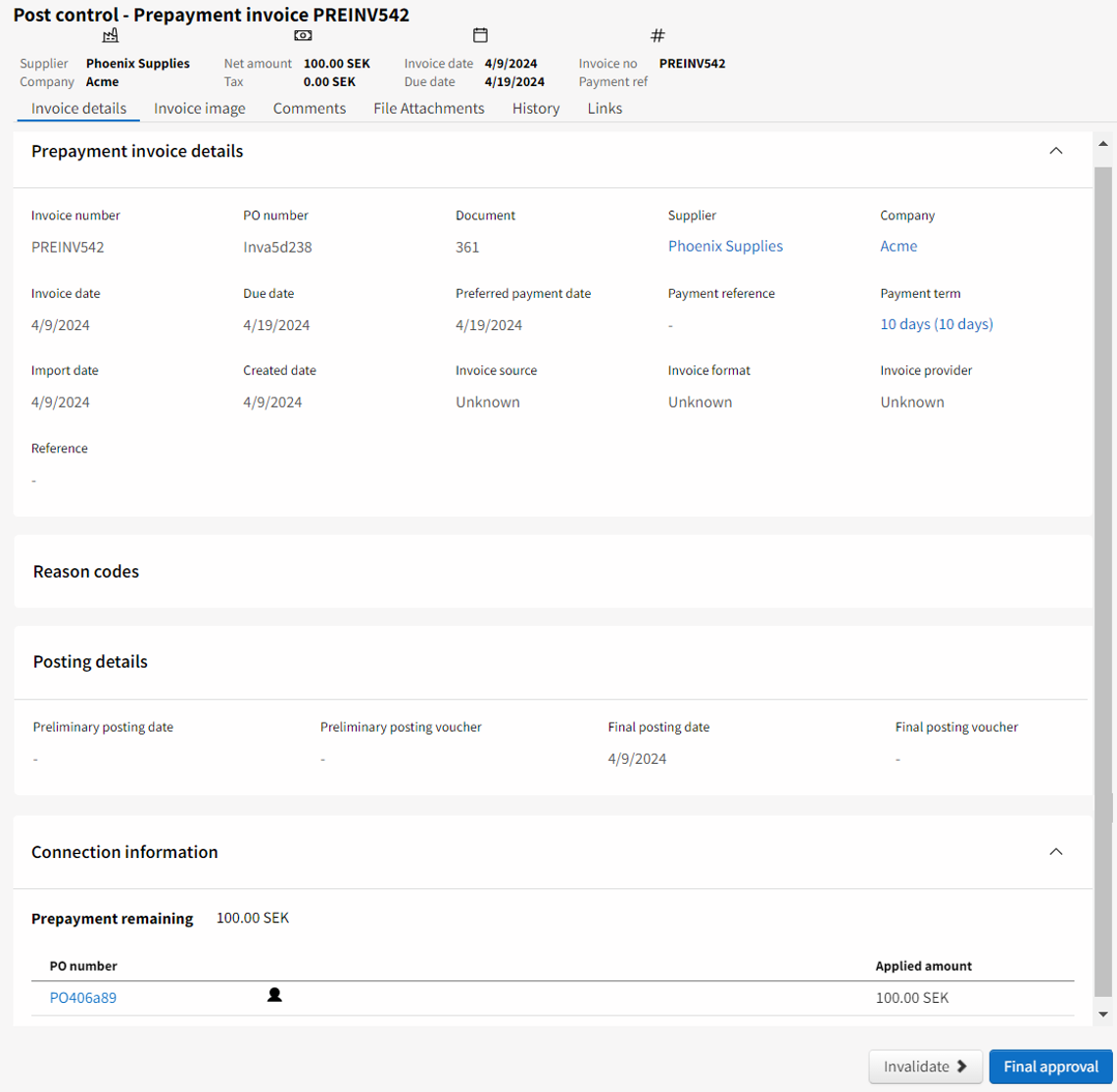 Post control prepayment invoice screen