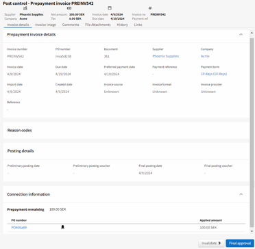 Post control prepayment invoice screen