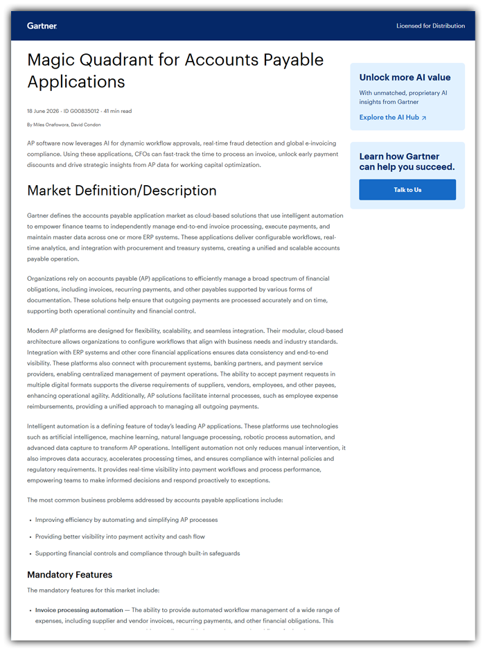 Gartner® Magic Quadrant™ for Accounts Payable Applications Report cove