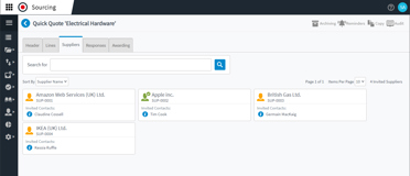 Sourcing - Suppliers screen