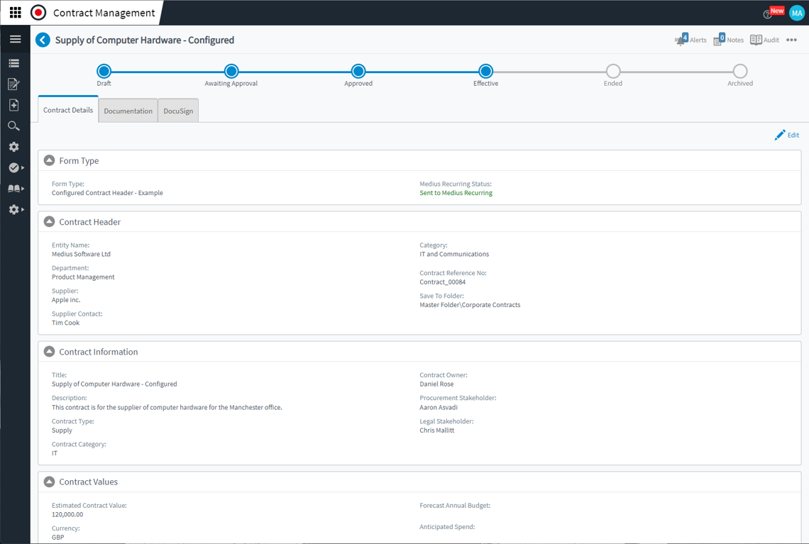 Contract Management Features - Contract Form screen