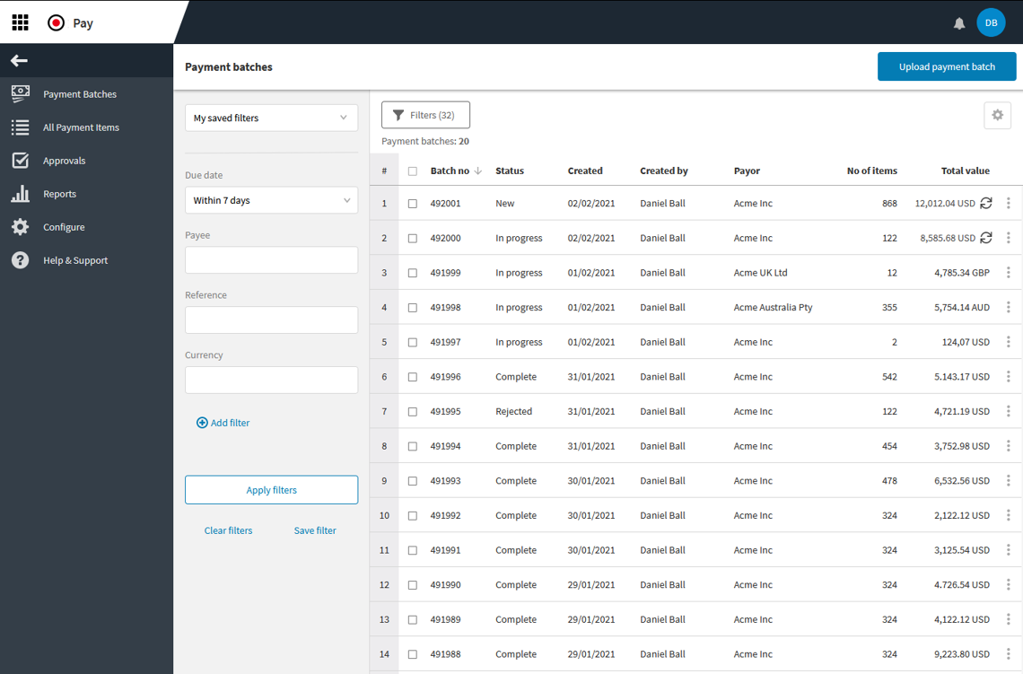 AP Pay Features - Payment Batches screen