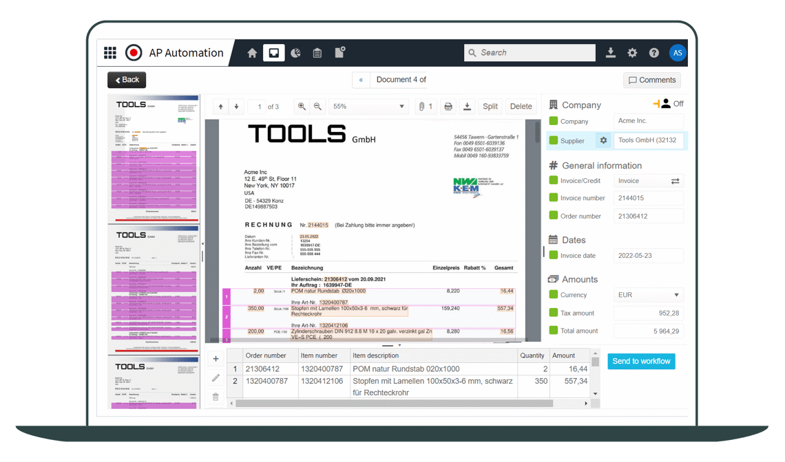 Invoice capture screen