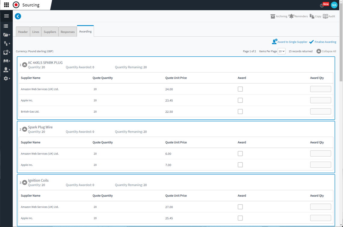 Sourcing - Awarding screen