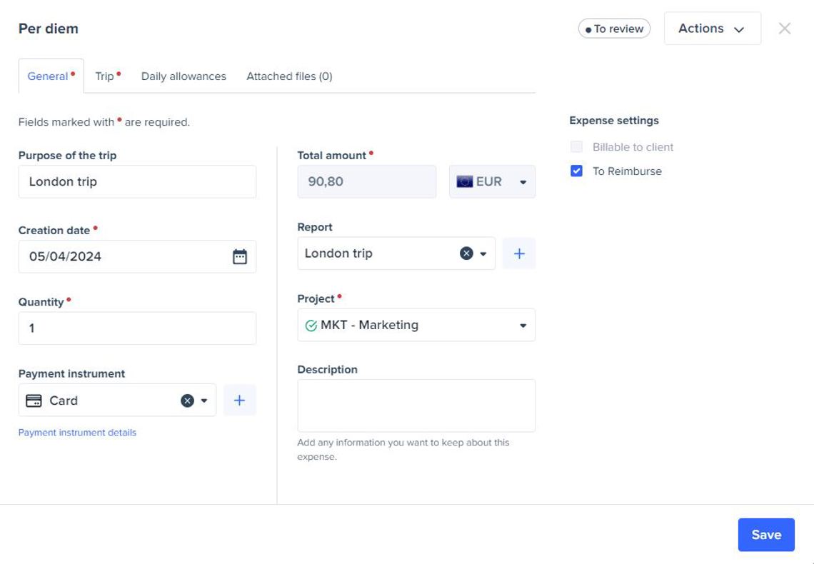 per diem overview screen