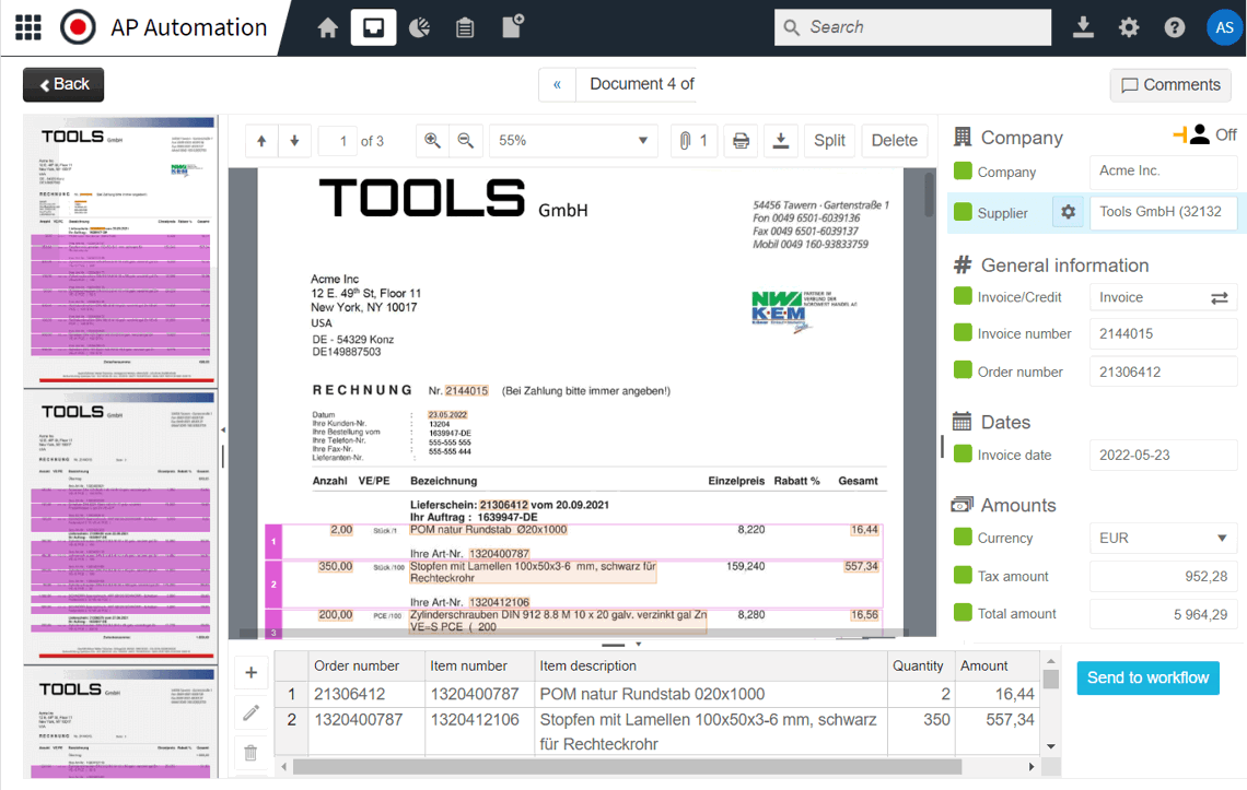 Automatisation des comptes fournisseurs - Écran de facture intelligente