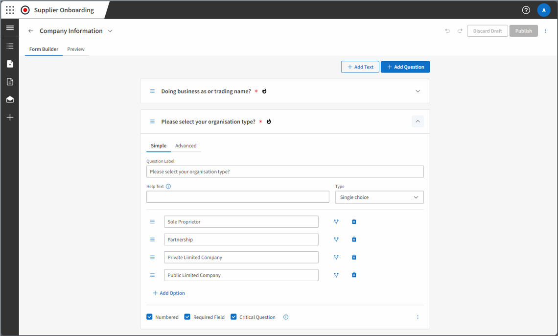 Supplier onboarding section builder screen