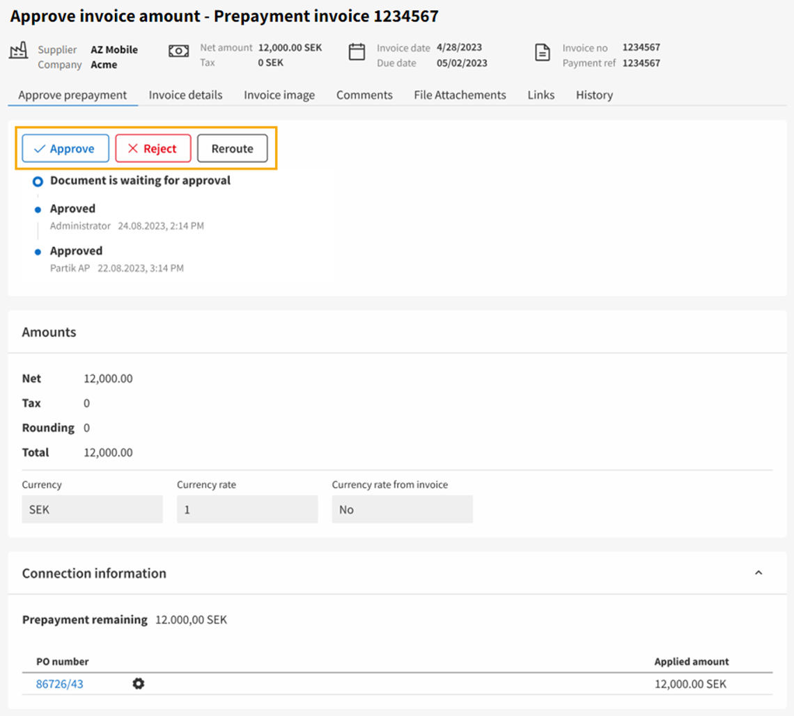 Approve prepayment invoice amount screen