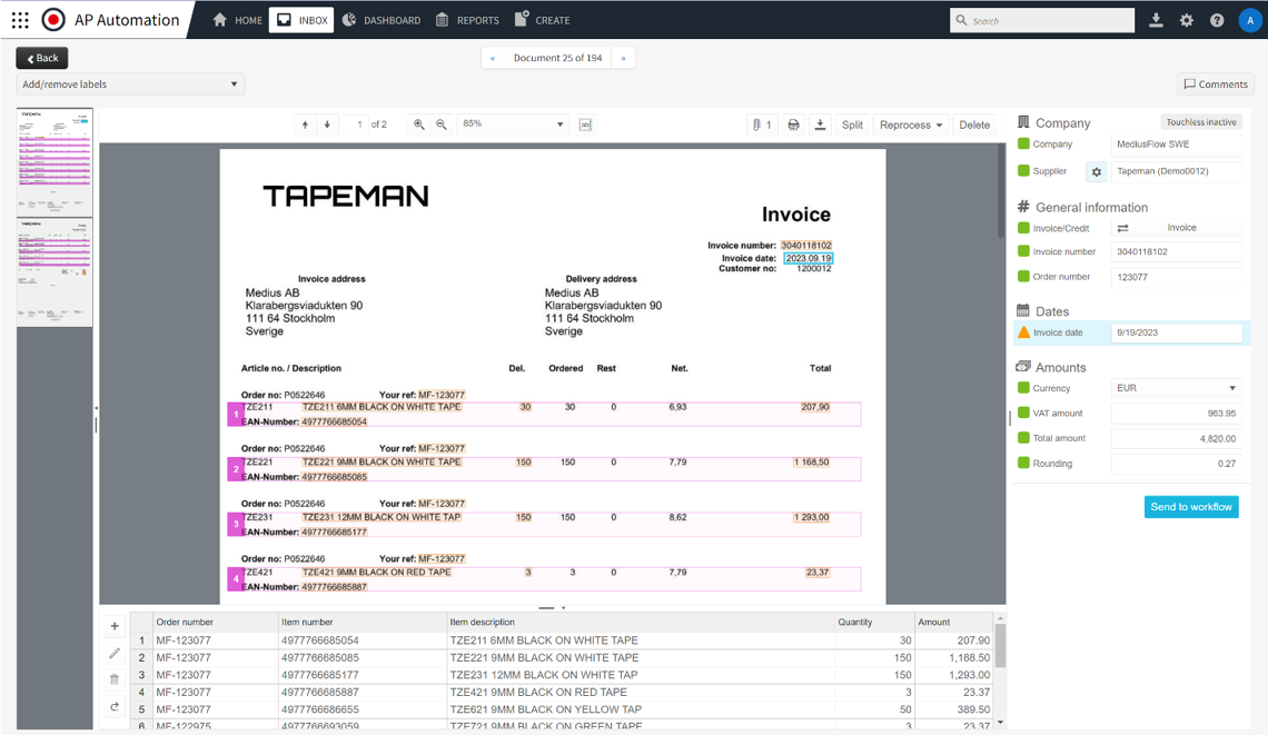 Skärmbild av dataextrahering