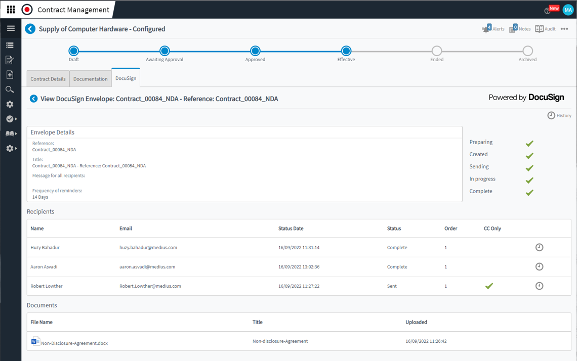 Functies voor contractbeheer - DocuSign-scherm