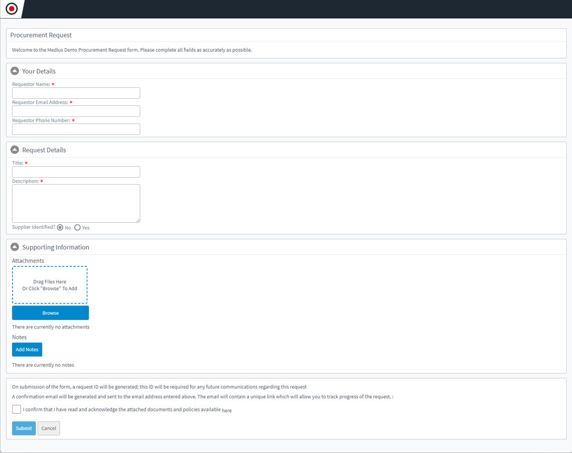 Sourcing Create Demand Capture screen