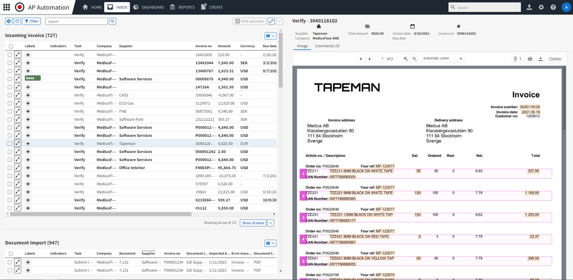 invoice capture screen